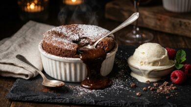 Akışkan çikolatalı sufle tarifi, fırında 8 dakikada içi lav gibi bitter çikolatalı sufle sunumu