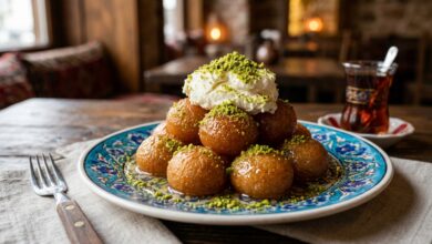 Kemalpaşa tatlısı tarifi, kaymak ve fıstık ile servis edilen şerbetli peynir tatlısı
