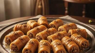 Cevizli burma tatlısı tarifi, çıtır çıtır burma baklava ve şerbetli tatlı sunumu