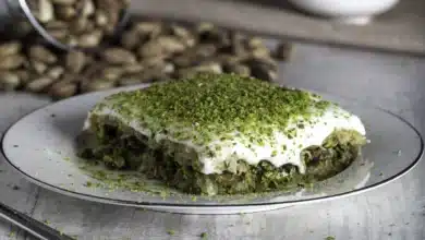 Cevizli tel kadayıf tatlısı tarifi, fırında çıtır nar gibi kızarmış kaymaklı tepsi kadayıfı dilimi sunumu